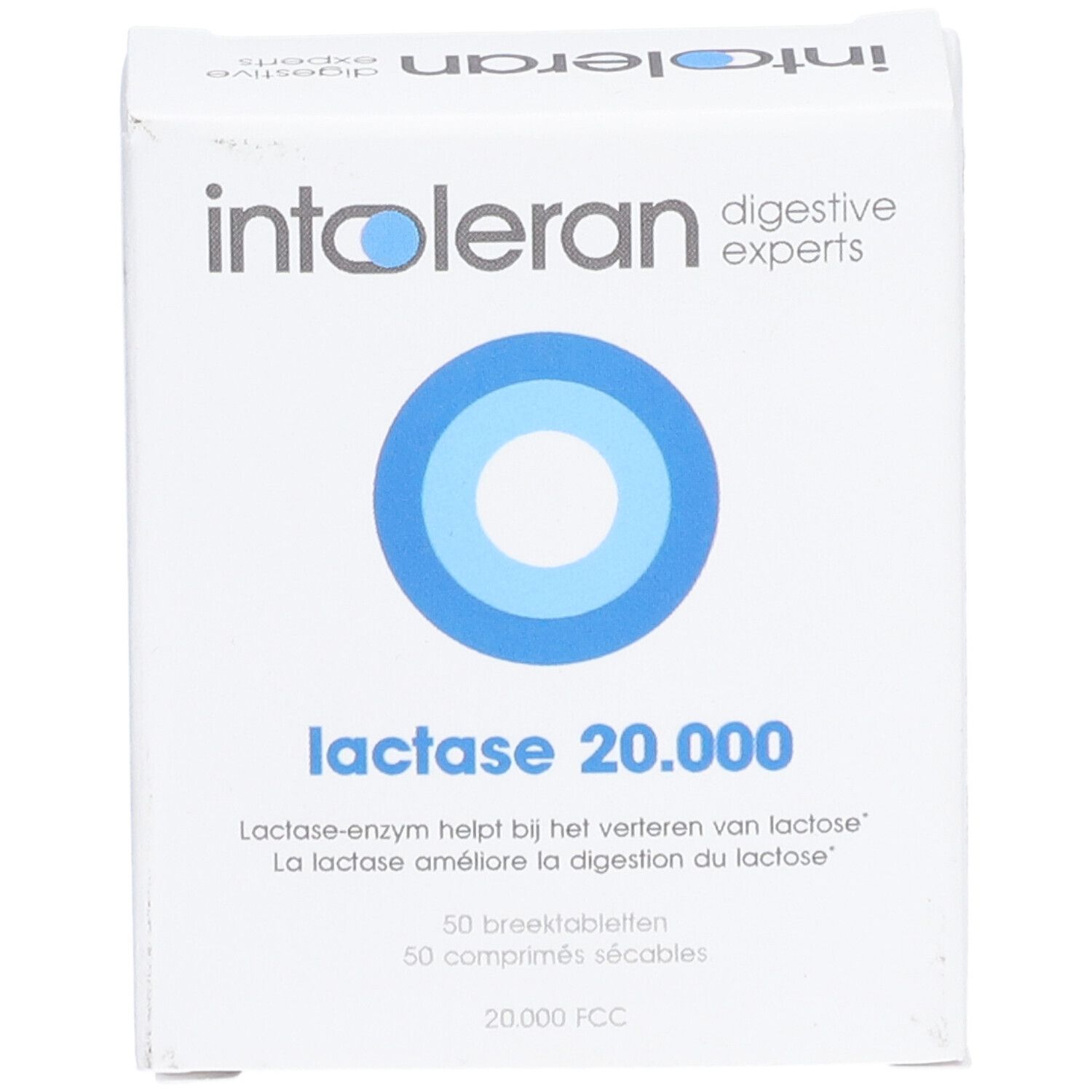 Boîte blanche avec logo cercle bleu. Inscription: intoleran, digestive experts, lactase 20.000. 50 comprimés.