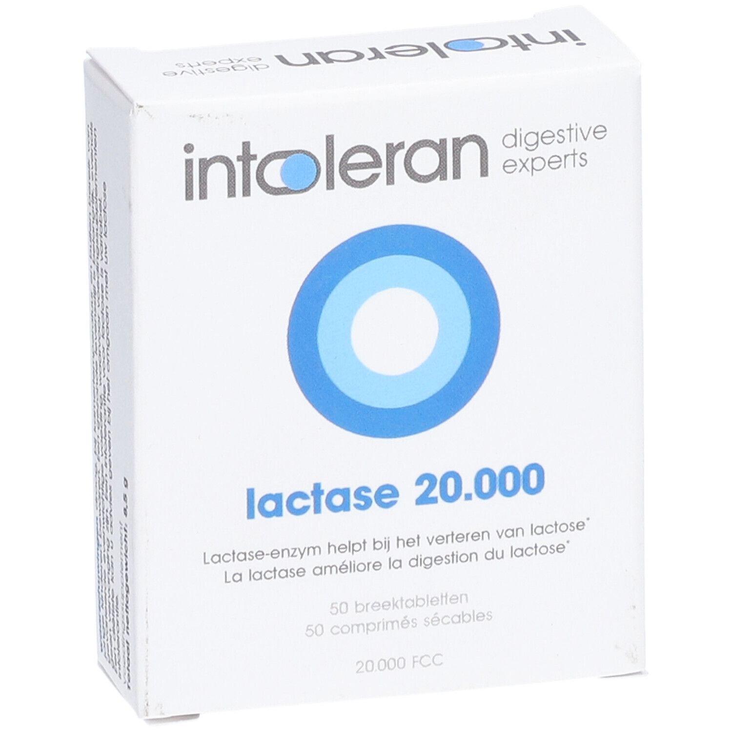 Boîte blanche avec logo cercle bleu. Inscription: intoleran, digestive experts, lactase 20.000. 50 comprimés.