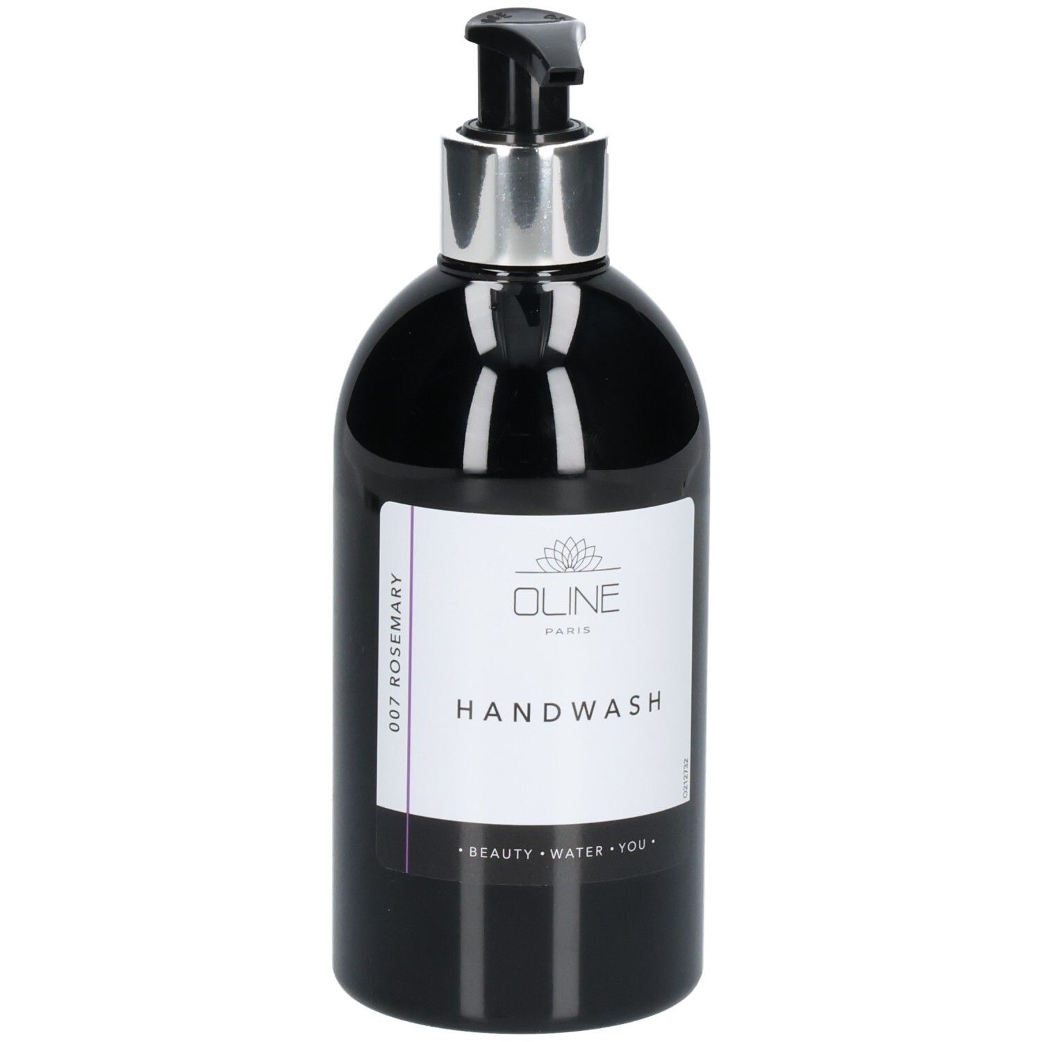 Flacon noir avec pompe argentée. Inscription: Oline Handwash Rosemary. Étiquette avec texte.