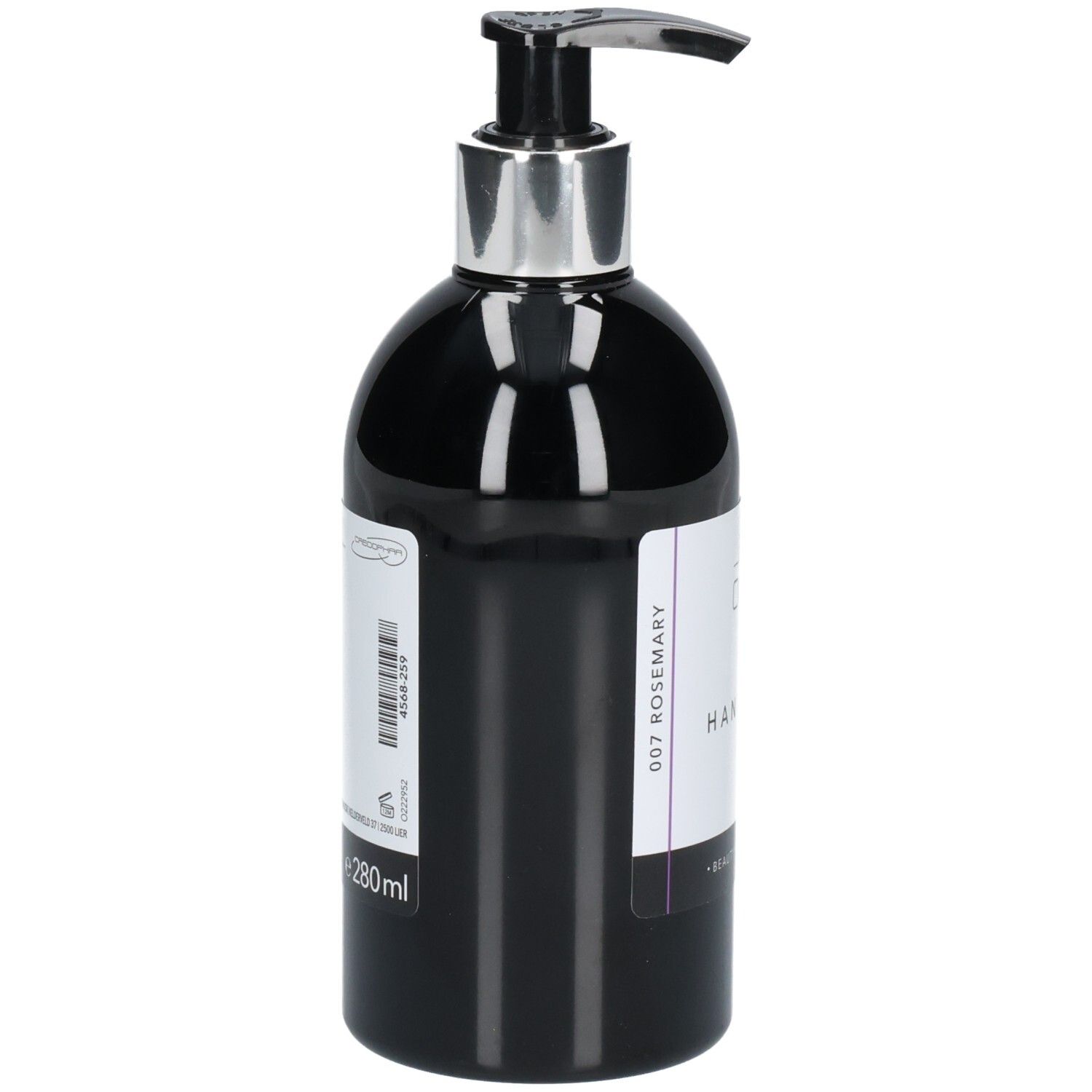 Flacon noir avec pompe argentée. Inscription: Oline Handwash Rosemary. 280ml. Code-barres.