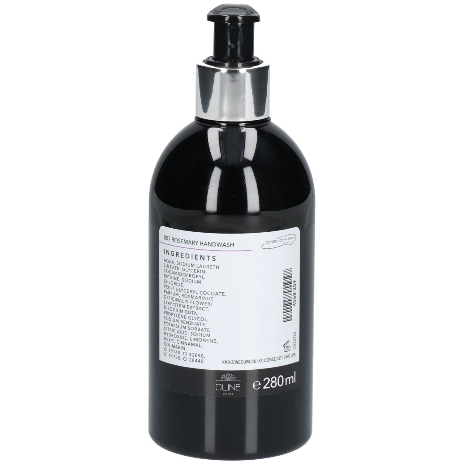 Flacon noir avec pompe argentée. Inscription: Oline Handwash Rosemary. Liste des ingrédients et 280ml.