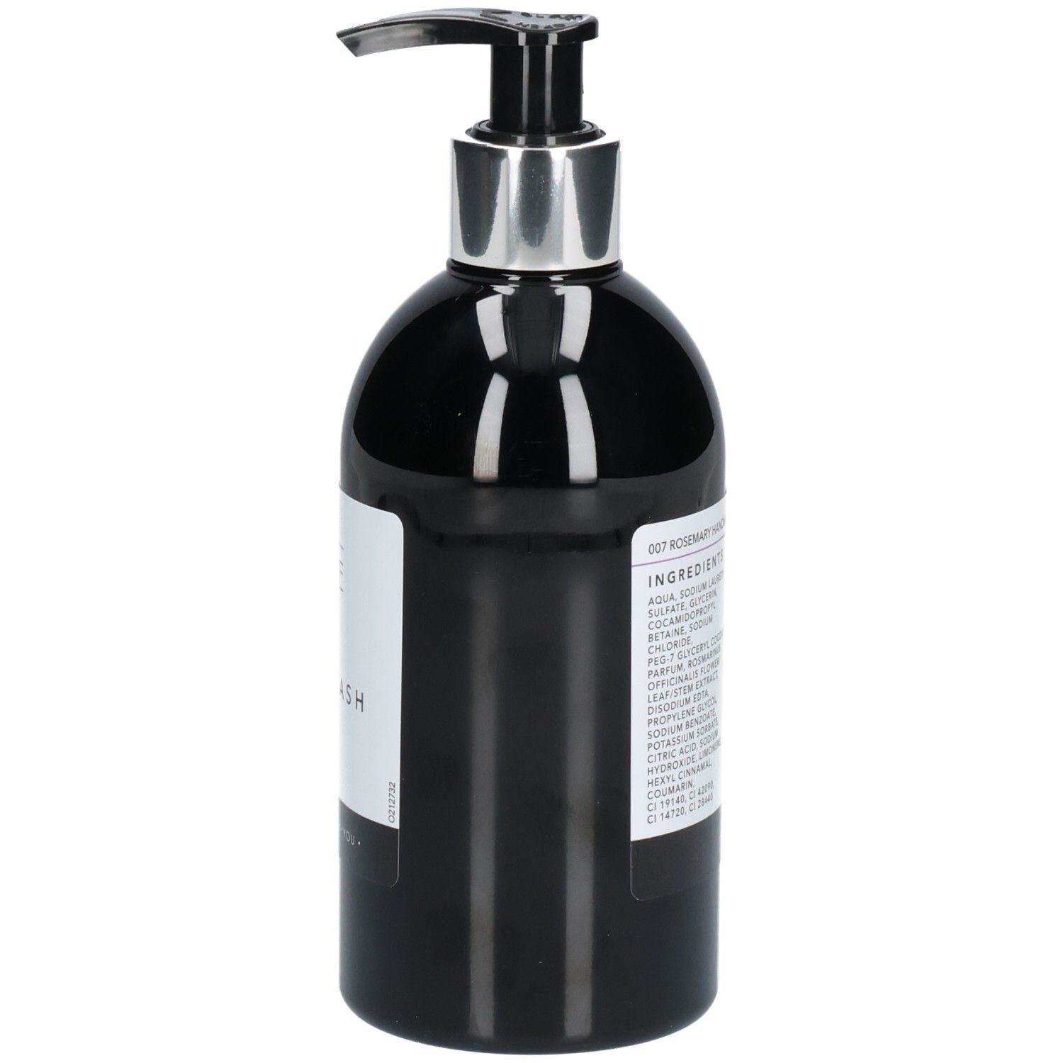Flacon noir avec pompe argentée. Inscription: Oline Handwash. Liste des ingrédients.