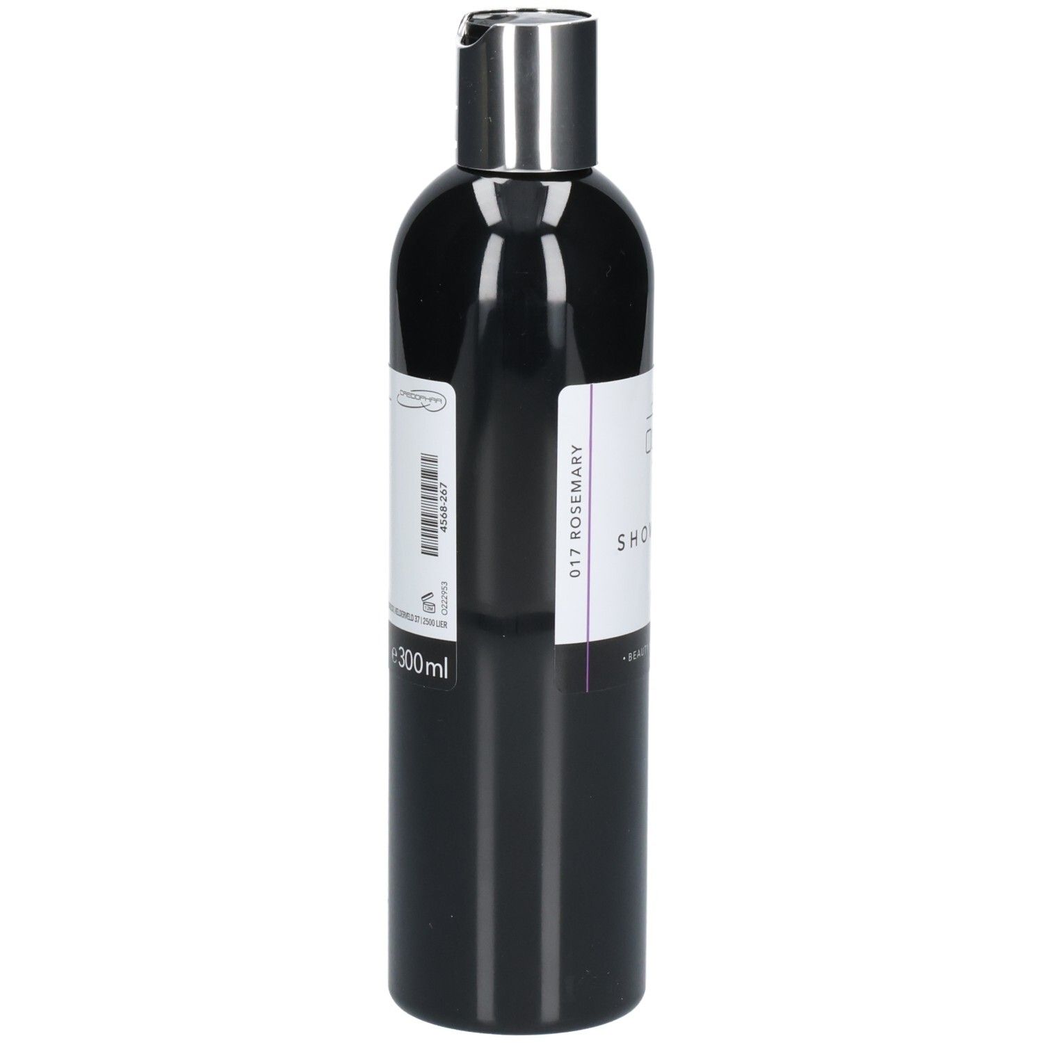 Flacon noir avec bouchon argenté. Étiquette avec code-barres et "300ml".