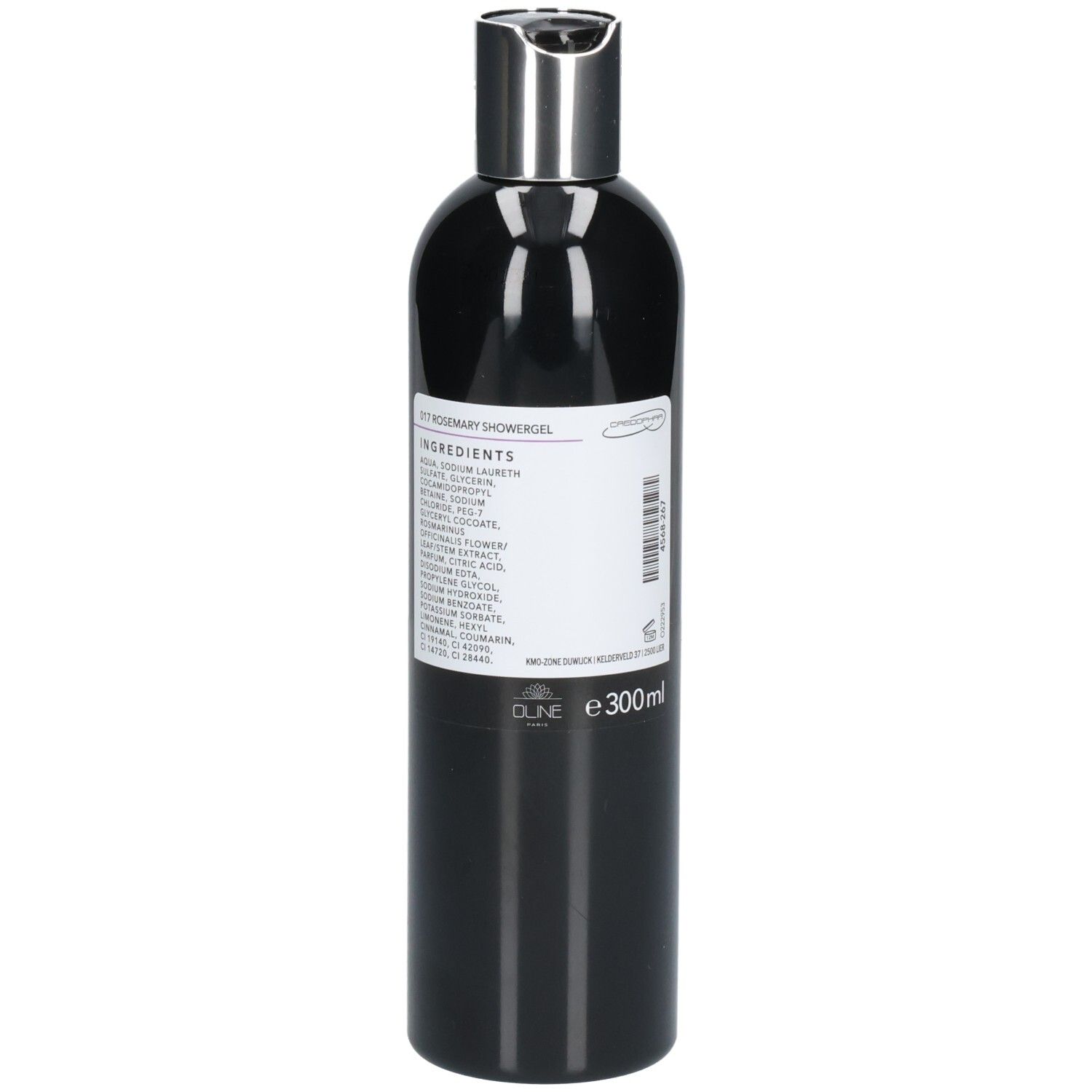 Flacon noir avec bouchon argenté. Dos avec ingrédients et "e 300ml".