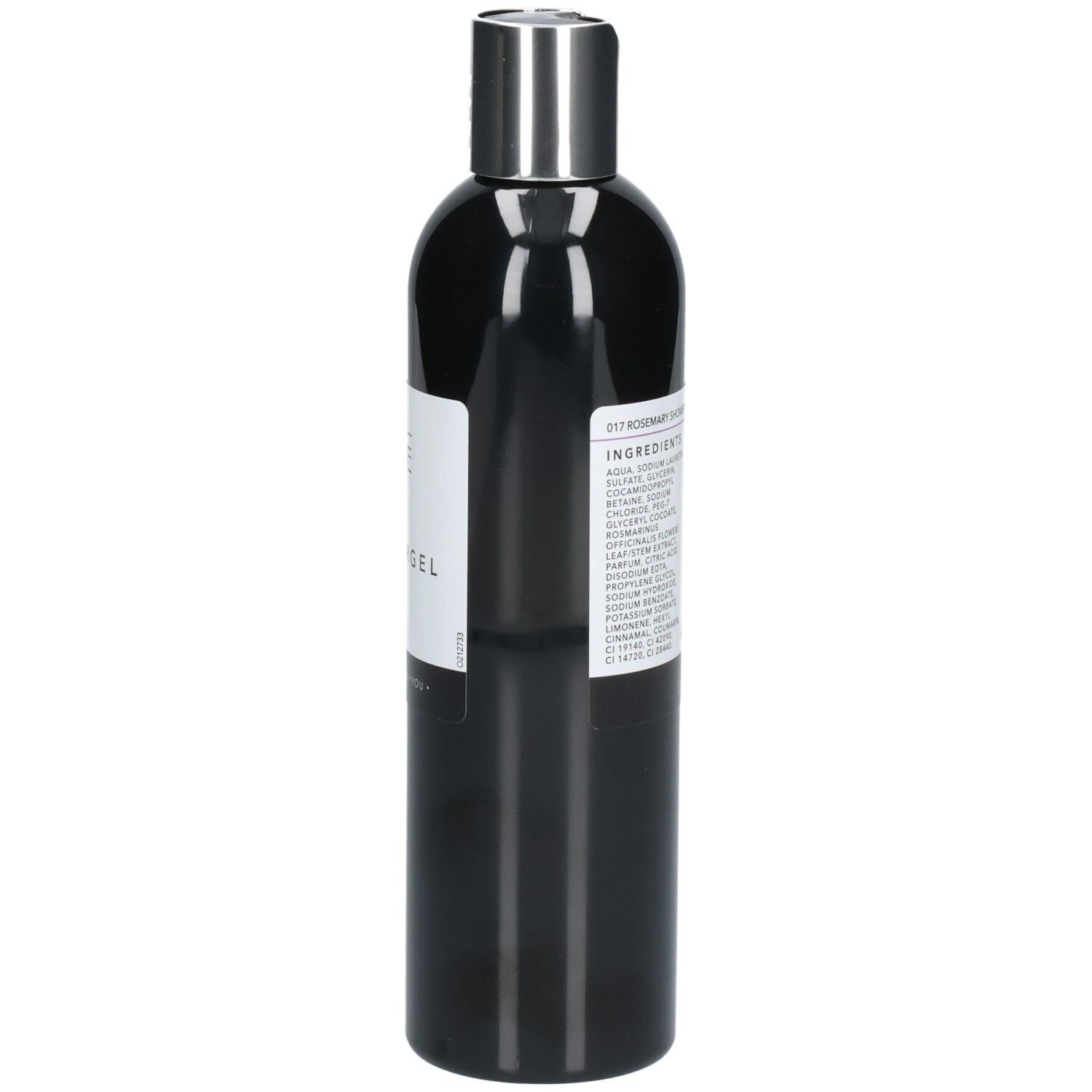 Flacon noir avec bouchon argenté. Étiquette avec ingrédients.