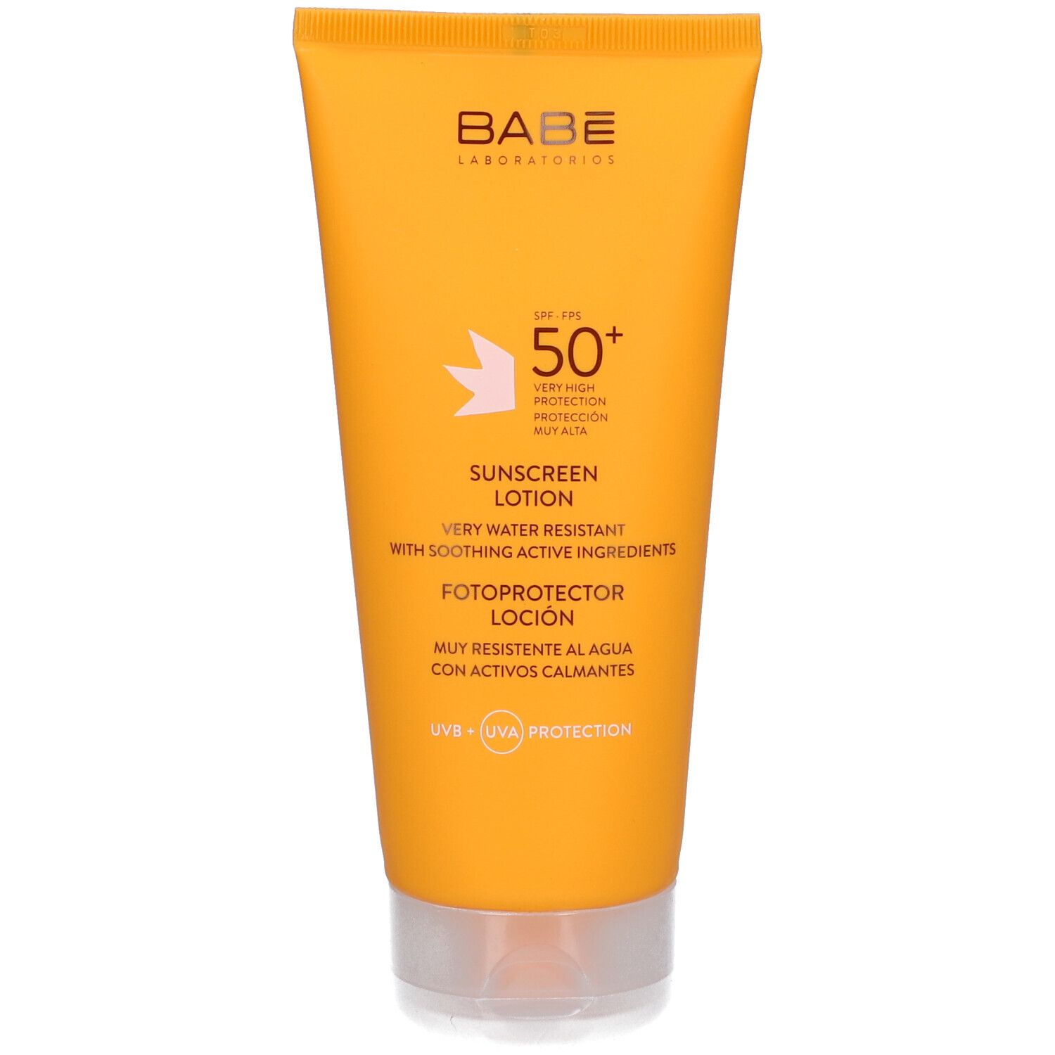 Tube de crème solaire orange BABE LSF 50+. Bouchon transparent. Texte: Sunscreen Lotion, Fotoprotector Loción.