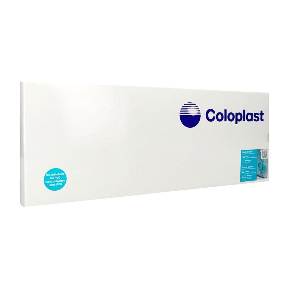 Emballage blanc avec logo bleu Coloplast. Autocollants avec informations produit. Texte: No phthalates, No PVC, sans phtalates, sans PVC.