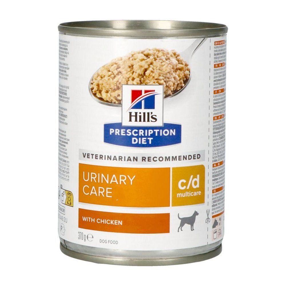 Boîte de nourriture pour chiens avec texte. Hill's Prescription Diet Urinary Care c/d. Texte en plusieurs langues. Code-barres et informations.