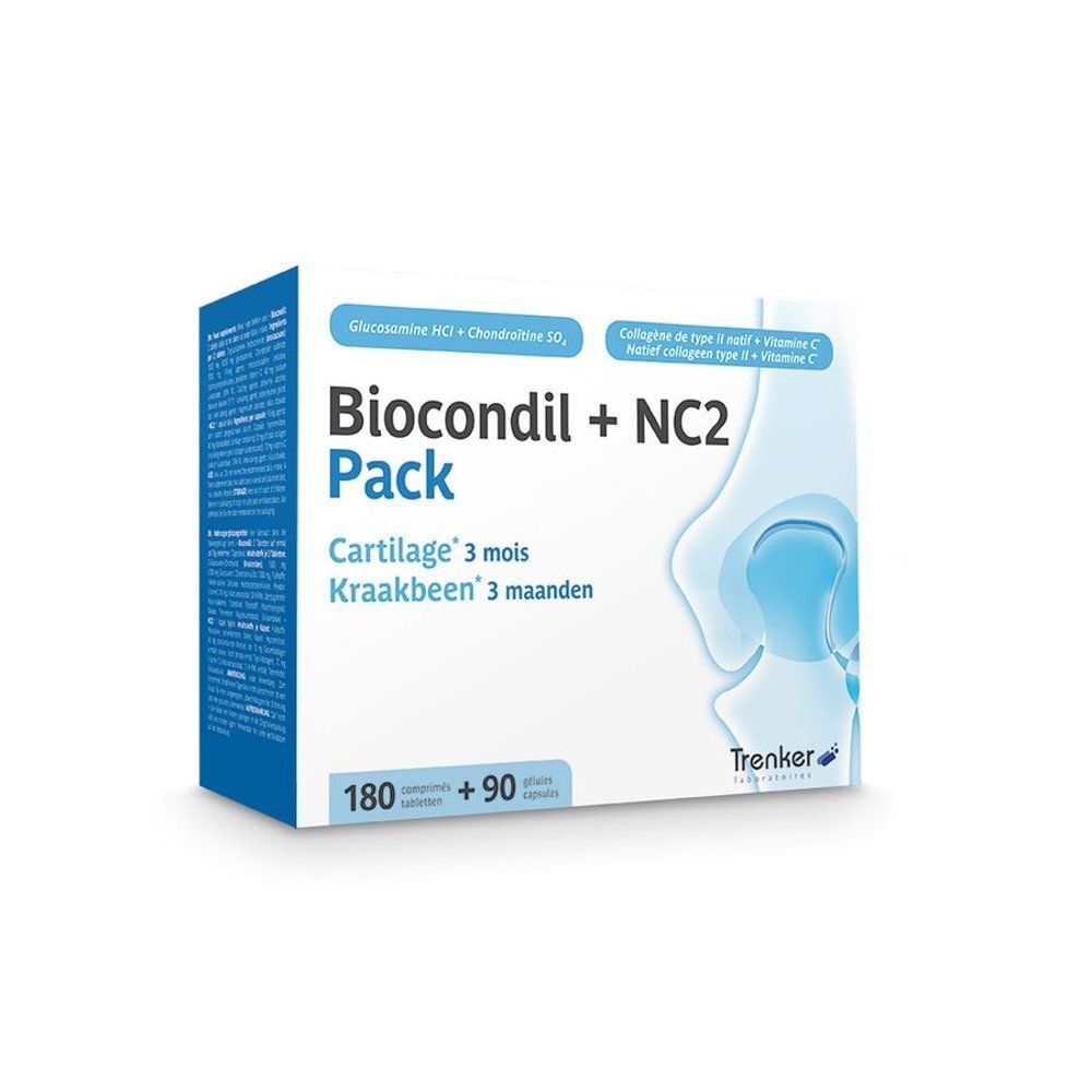 Pack Biocondil + NC2. Emballage avec 180 comprimés et 90 gélules. Contient glucosamine, chondroïtine, vitamine C et collagène.