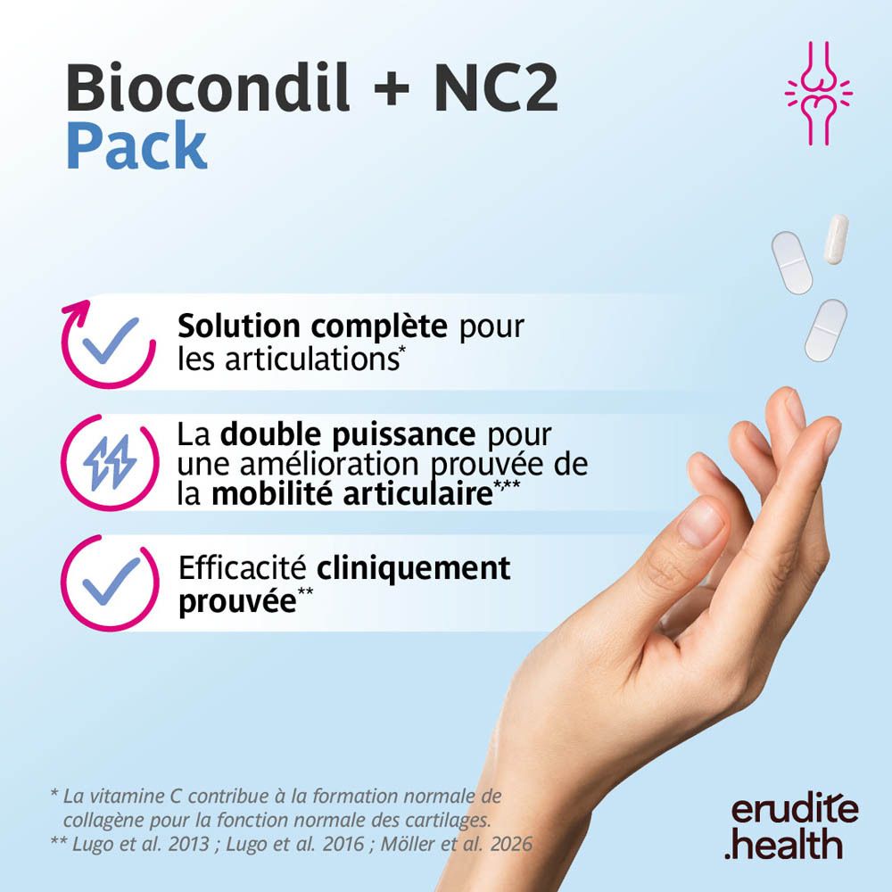 Biocondil + NC2 Pack : Glucosamine, Chondroïtine, Collagène, Vitamine C. 4 ingrédients en un.