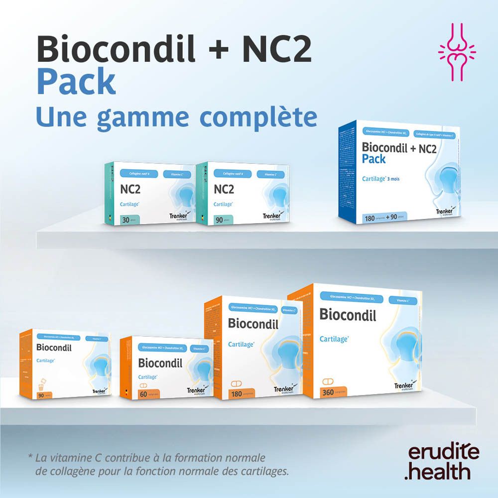 Biocondil + NC2 Pack : Emballage de 180 comprimés et 90 gélules pour les articulations.