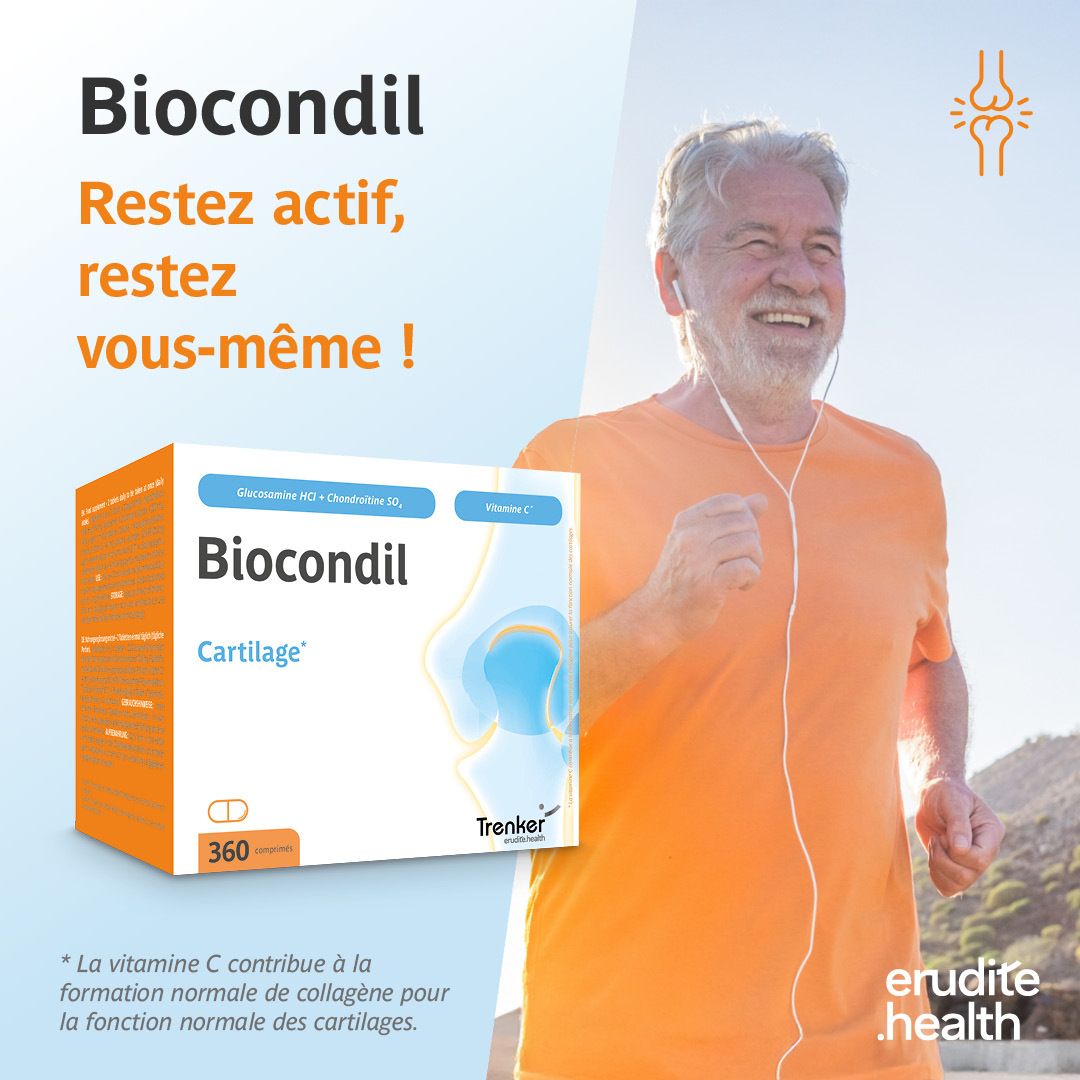 Côté de la boîte Biocondil avec ingrédients tels que glucosamine, chondroïtine et vitamine C.