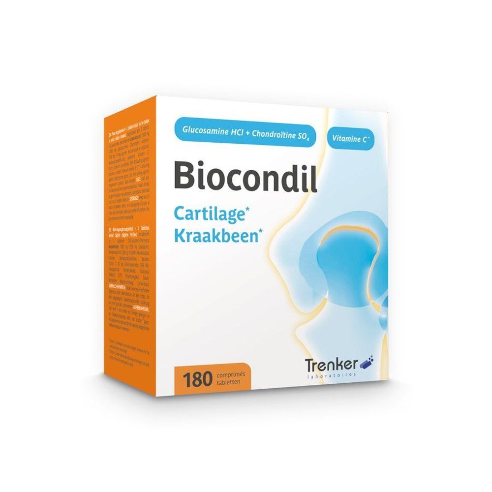 Boîte Biocondil, blanche et orange. Nom du produit, ingrédients, 180 comprimés. Logo Trenker.
