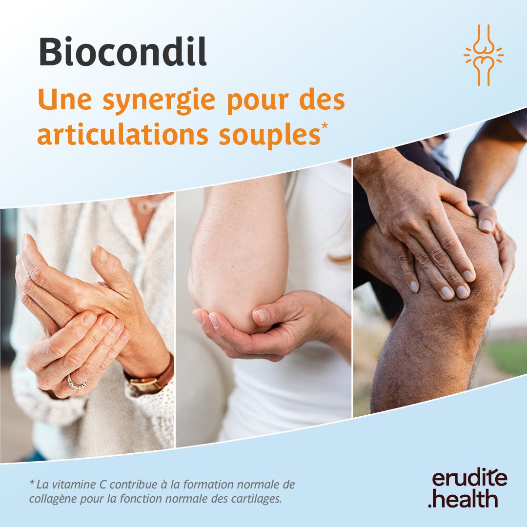 Biocondil : Soutien pour la mobilité quotidienne et les articulations, avec icônes.