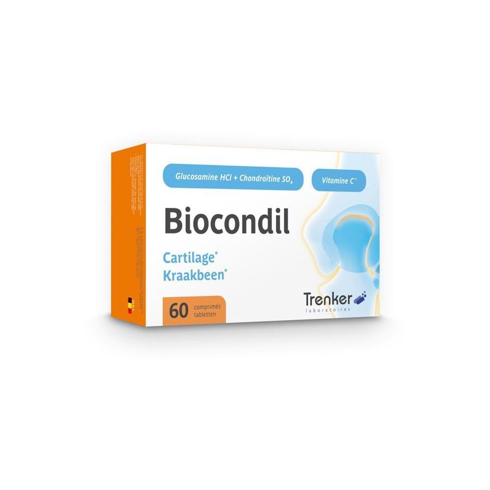 Boîte de comprimés Biocondil. Contient 60 comprimés. Inscription : Cartilage, Vitamine C, Glucosamine, Chondroïtine. Marque : Trenker.