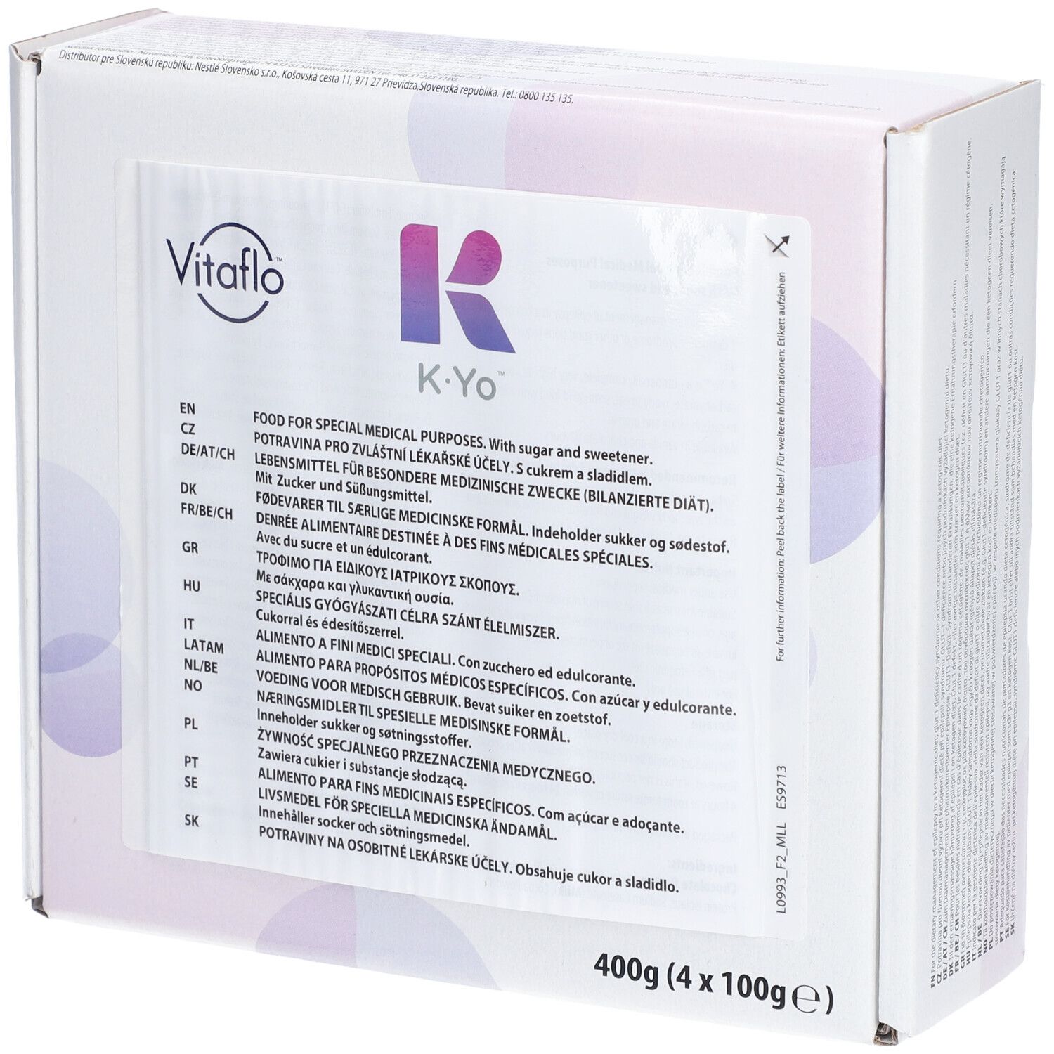 Emballage Vitaflo K.Yo. Inscription: Food for special medical purposes. Contient sucre et édulcorant. 400g (4 x 100g).