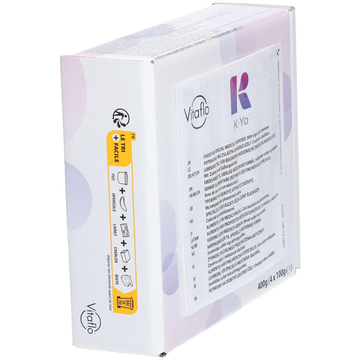 Emballage Vitaflo K.Yo. Inscription: Food for special medical purposes. Contient sucre et édulcorant. 400g (4 x 100g).