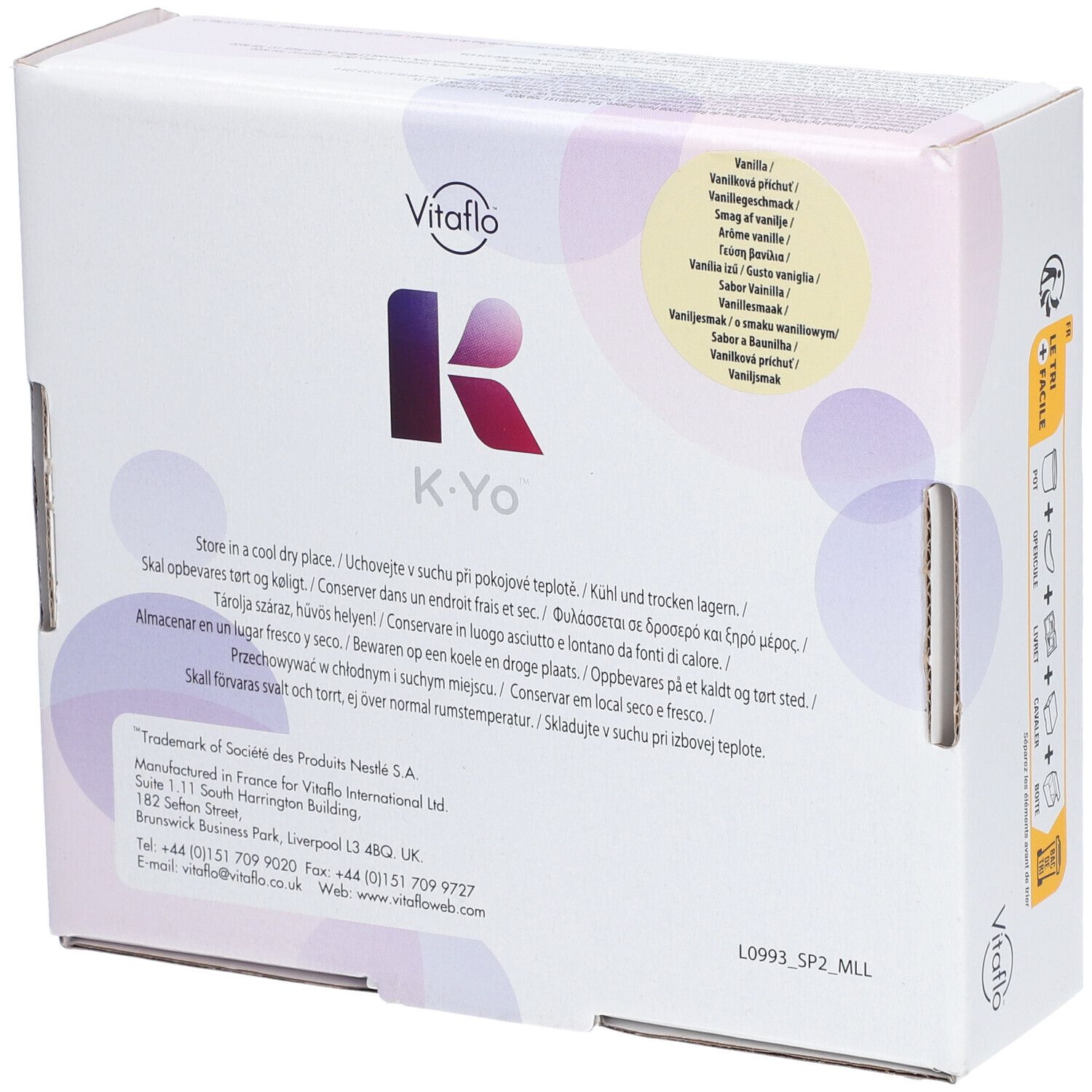 Emballage Vitaflo K.Yo. Inscription: Food for special medical purposes. Contient sucre et édulcorant. 400g (4 x 100g).