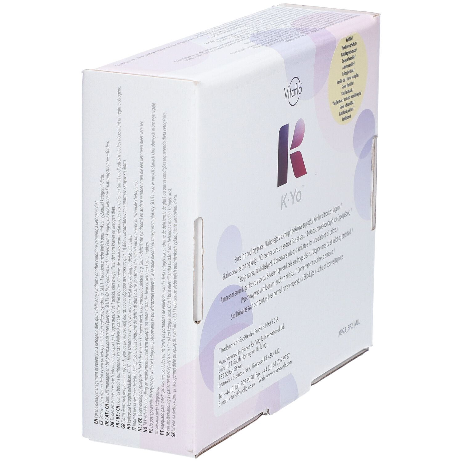 Emballage Vitaflo K.Yo. Inscription: Food for special medical purposes. Contient sucre et édulcorant. 400g (4 x 100g).