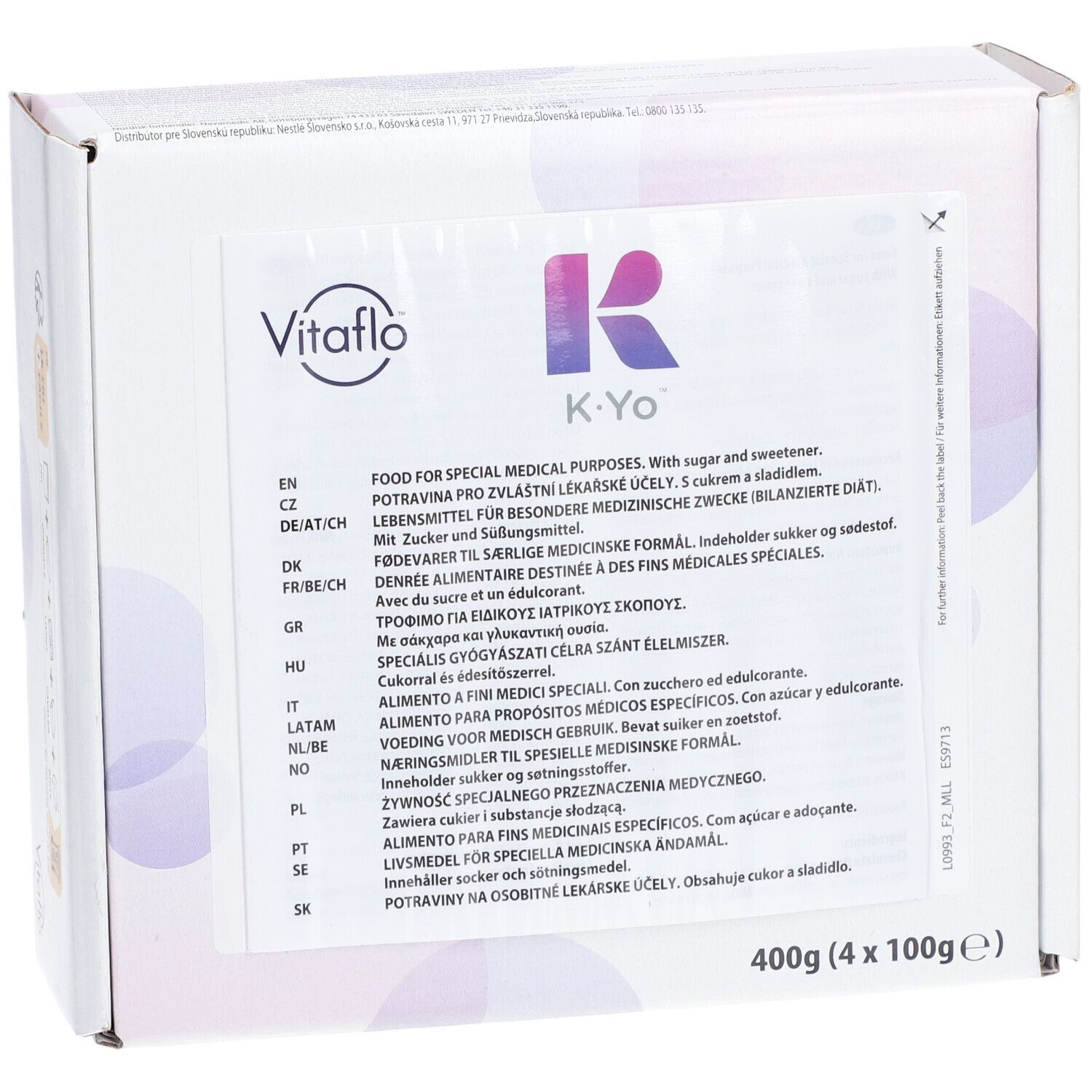 Emballage Vitaflo K.Yo. Inscription: Food for special medical purposes. Contient sucre et édulcorant. 400g (4 x 100g).