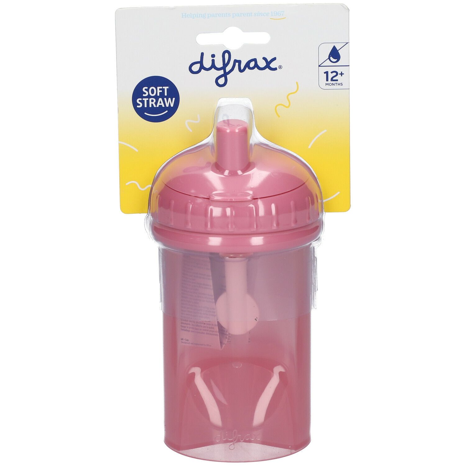 Gobelet à paille rose avec couvercle. L'emballage indique "difrax" et "Soft Straw".