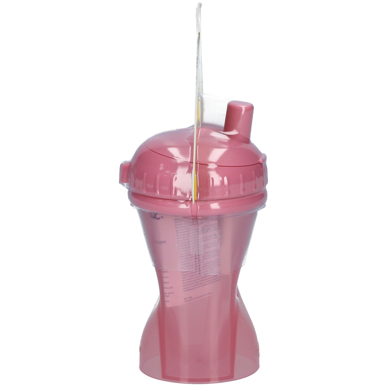 Vue latérale du gobelet à paille rose. Emballage avec informations sur le produit.