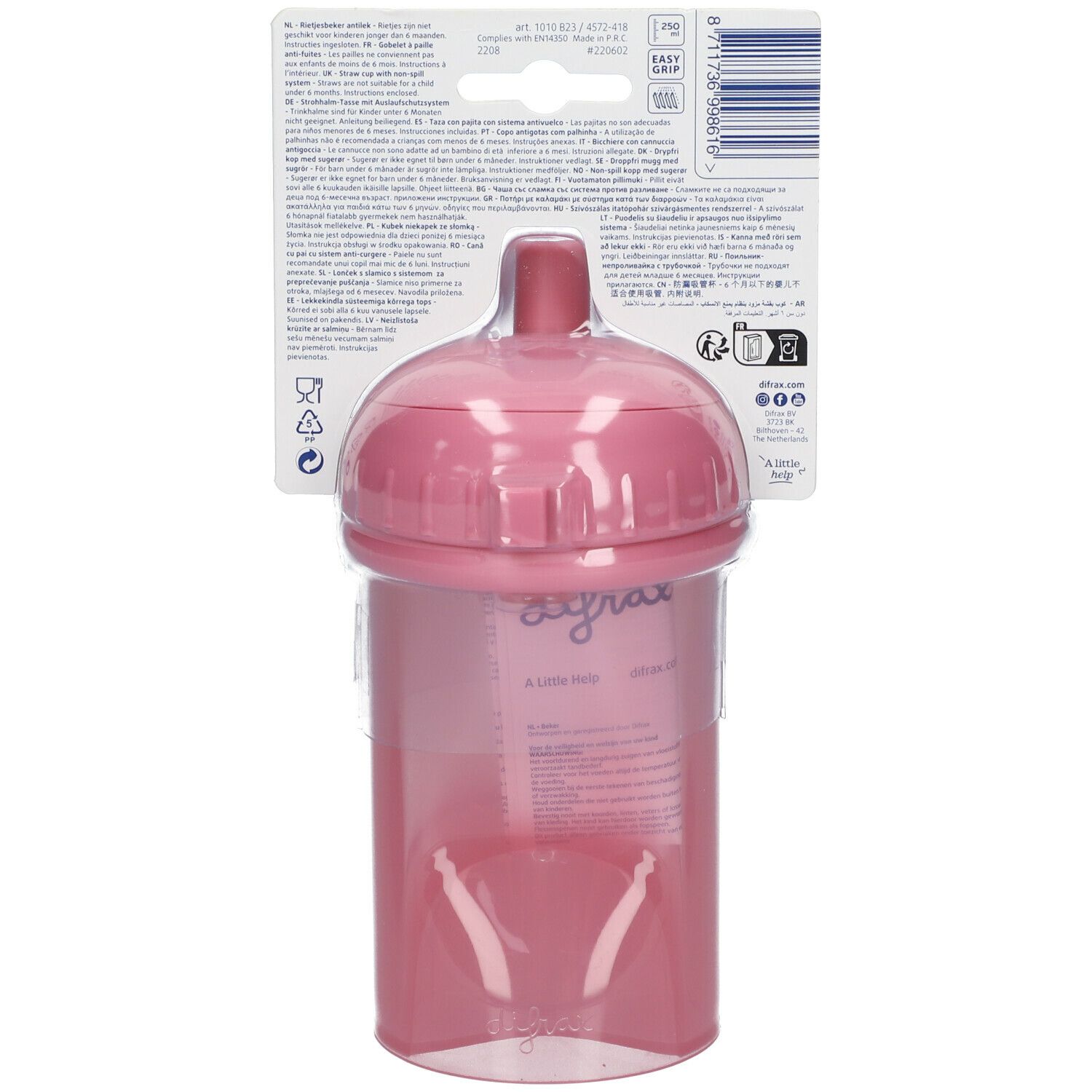 Dos du gobelet à paille rose avec emballage. Informations et code-barres.