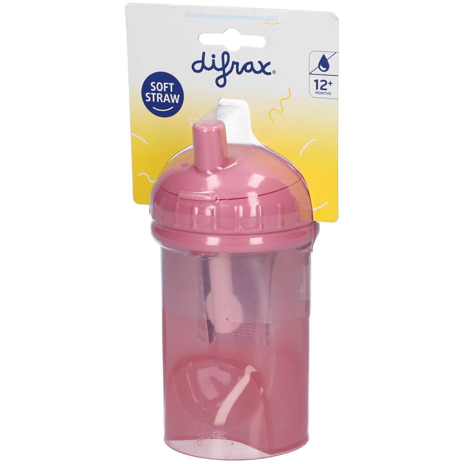 Gobelet à paille rose avec couvercle. Emballage "difrax" et "Soft Straw".