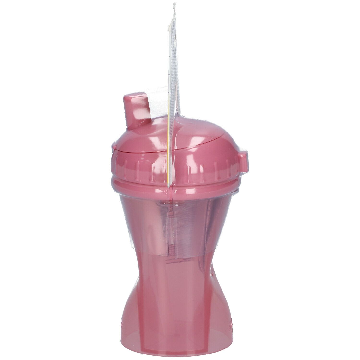 Vue latérale du gobelet à paille rose. Emballage avec informations.