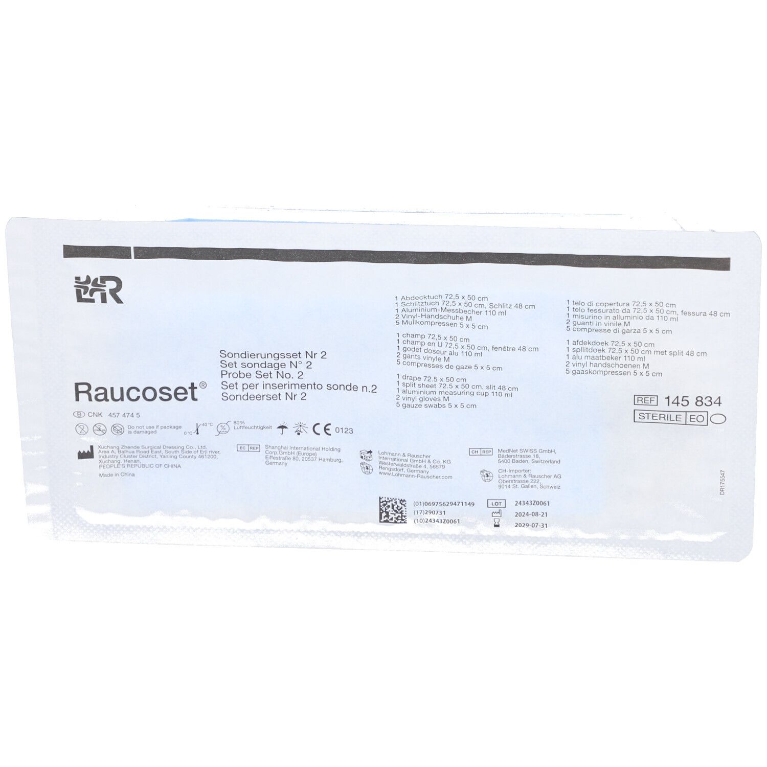 Emballage du produit Raucoset. Texte avec nom du produit, logo et informations. Emballage stérile.