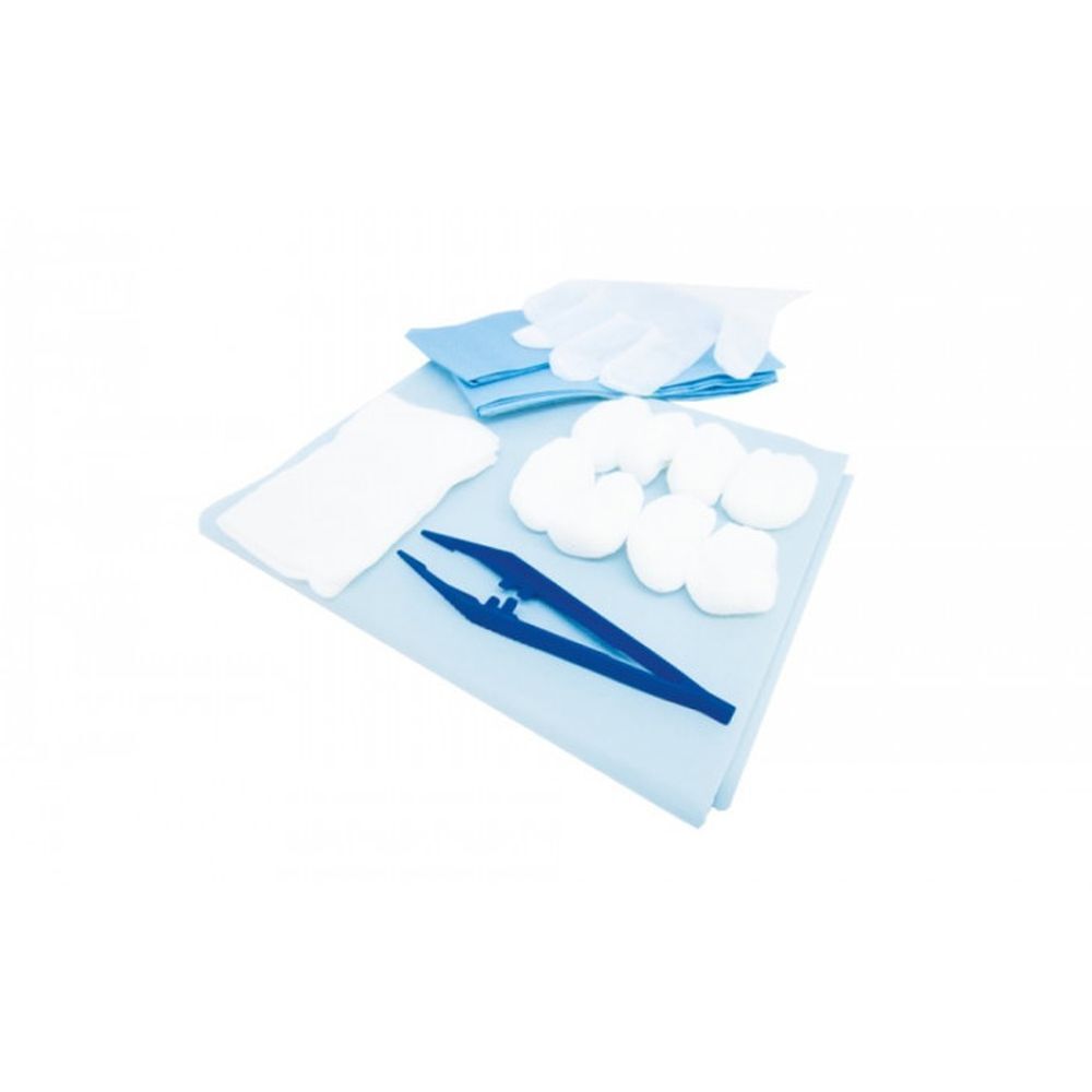 Kit d'articles médicaux : tampons, gants, pince, lingettes. Bleu et blanc.