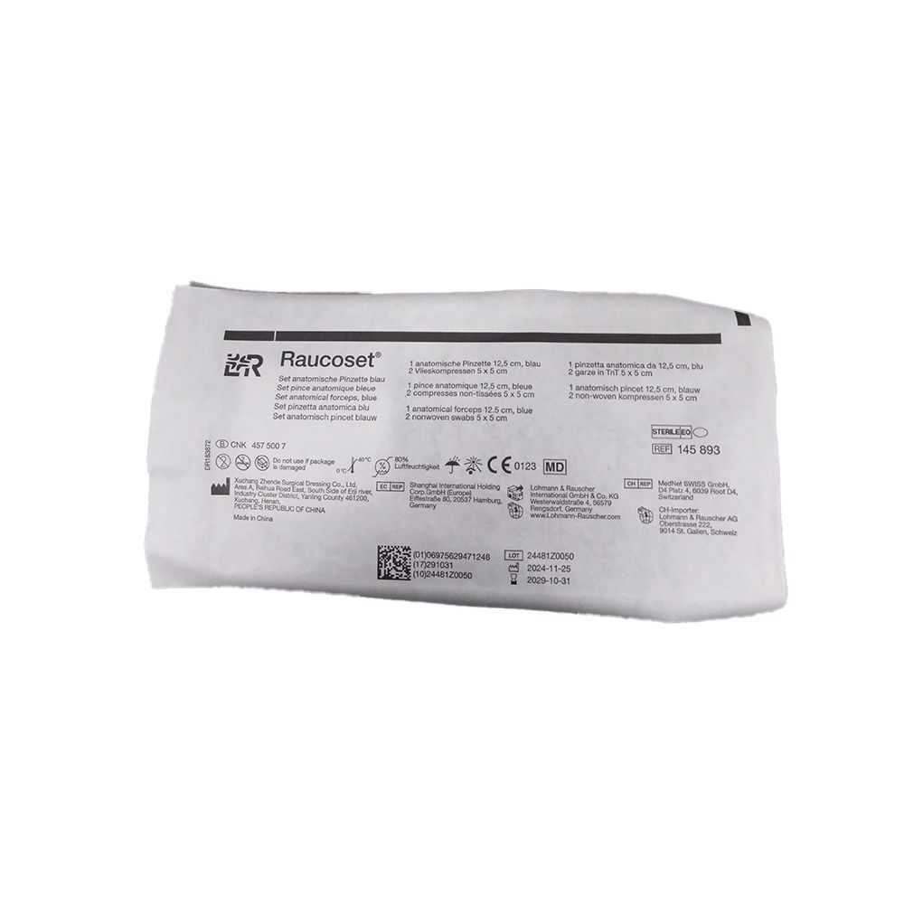 Emballage stérile avec informations produit et marquage CE. Texte: Raucoset, Pince Anatomique Bleue, 145893.