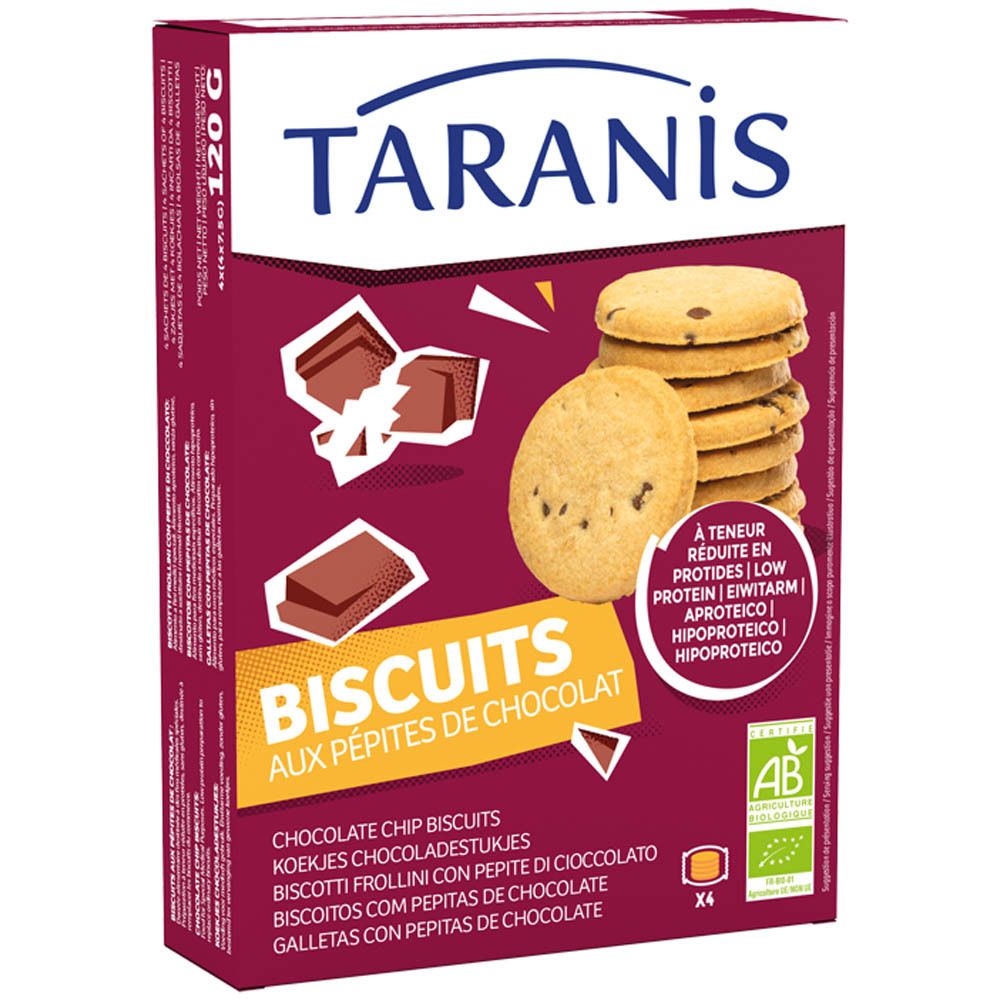 Boîte de Taranis Biscuits aux Pépites de Chocolat Bio. Boîte rouge avec biscuits et morceaux de chocolat. Label AB.