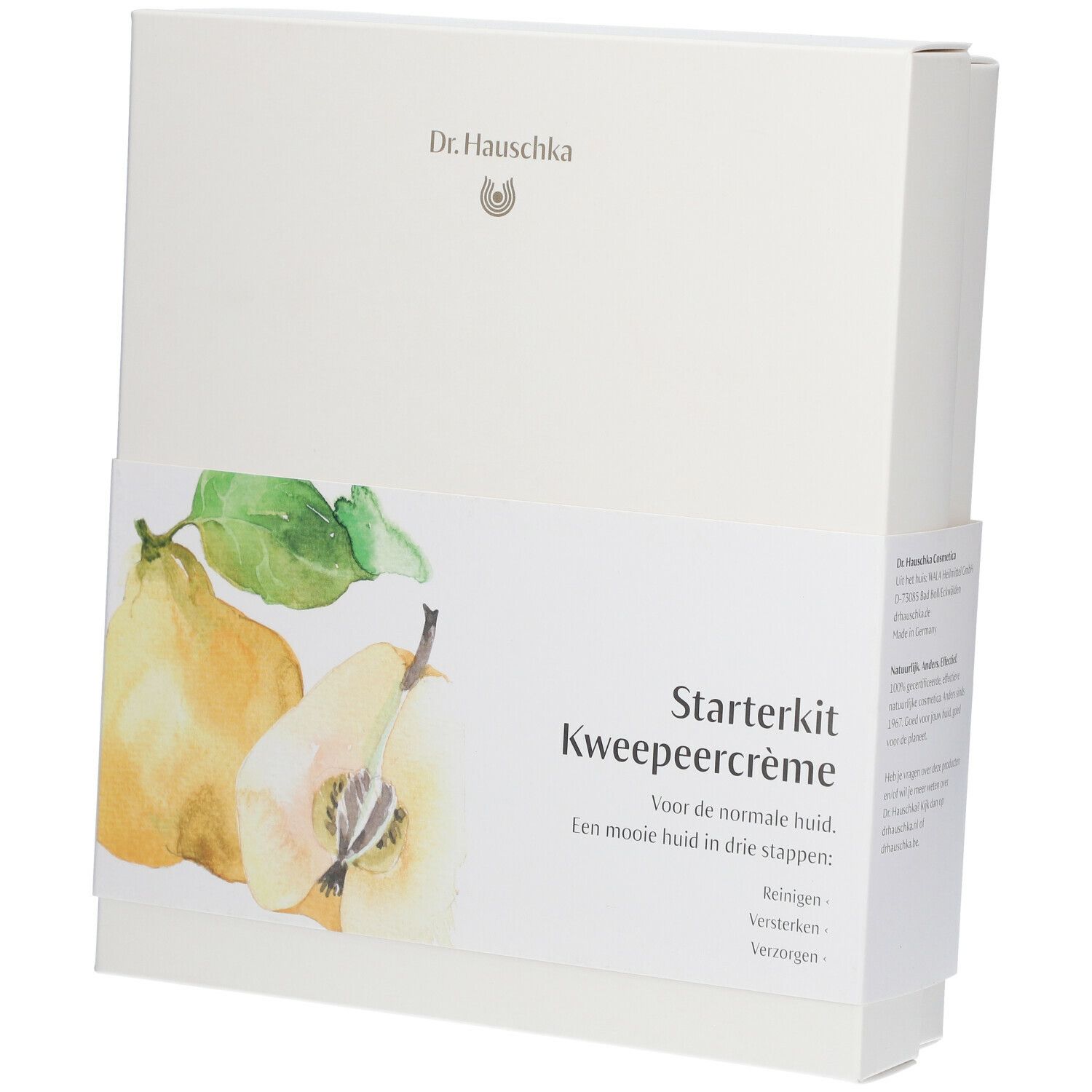 Coffret blanc avec illustration de coings et feuilles. Texte: Starterkit Kweepeercreme.