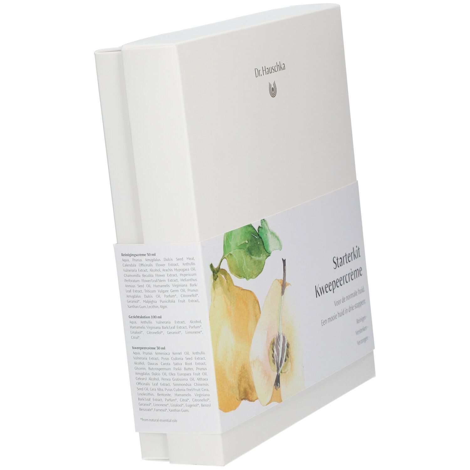 Coffret blanc, vue latérale. Illustration de coings. Texte: Starterkit Kweepeercreme. Logo Dr. Hauschka.