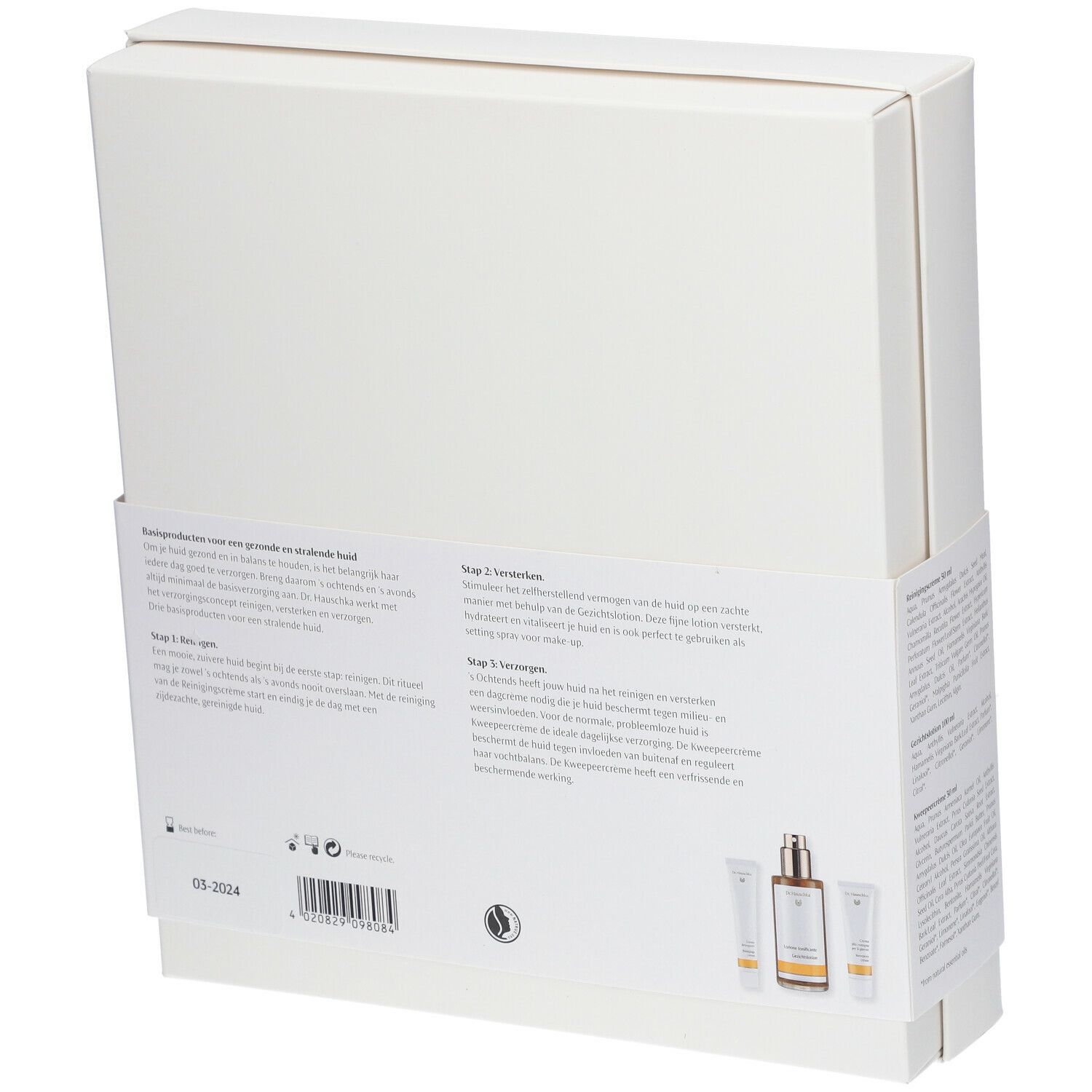 Coffret blanc, dos. Texte et illustrations de produits. Logo Dr. Hauschka. Texte en néerlandais.