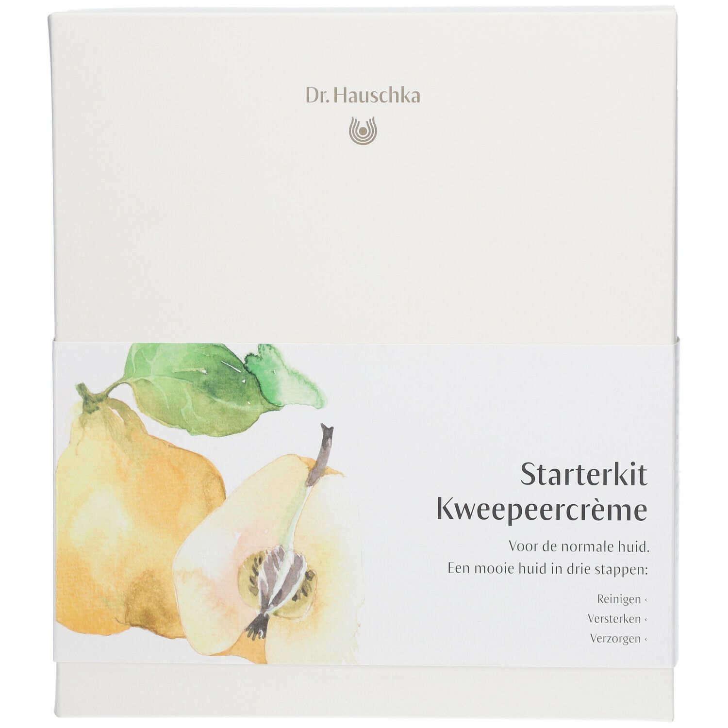 Coffret blanc avec illustration de coings et feuilles. Texte: Starterkit Kweepeercreme. Logo Dr. Hauschka.