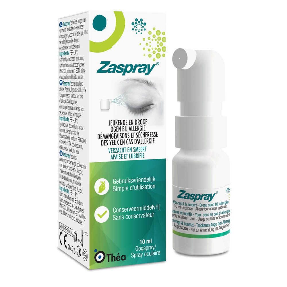 Emballage et flacon ZASpray. Emballage avec inscription ZASpray, logo Thea. Flacon avec pulvérisateur.