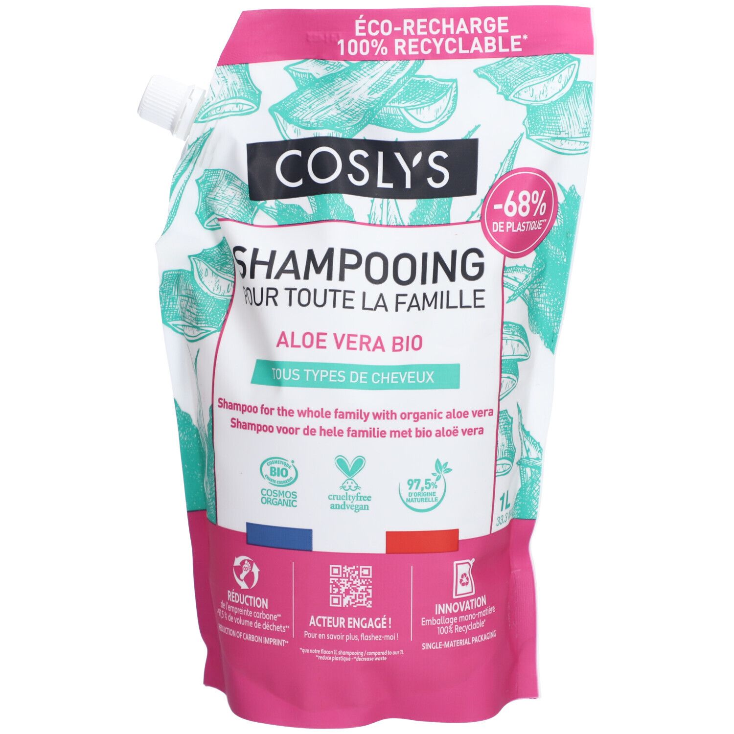 COSLYS Shampooing familial à l'aloe vera bio pour tous les types de cheveux