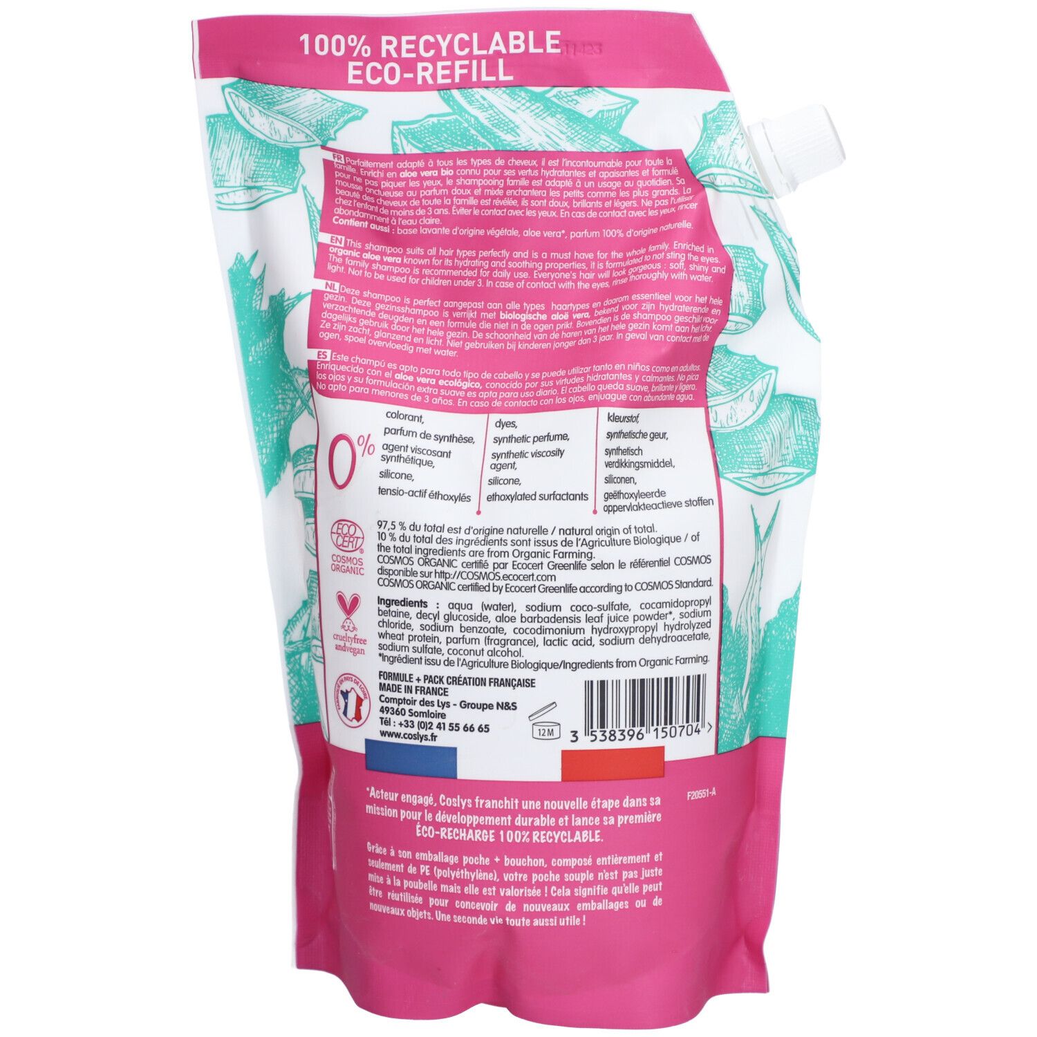 COSLYS Shampooing familial à l'aloe vera bio pour tous les types de cheveux