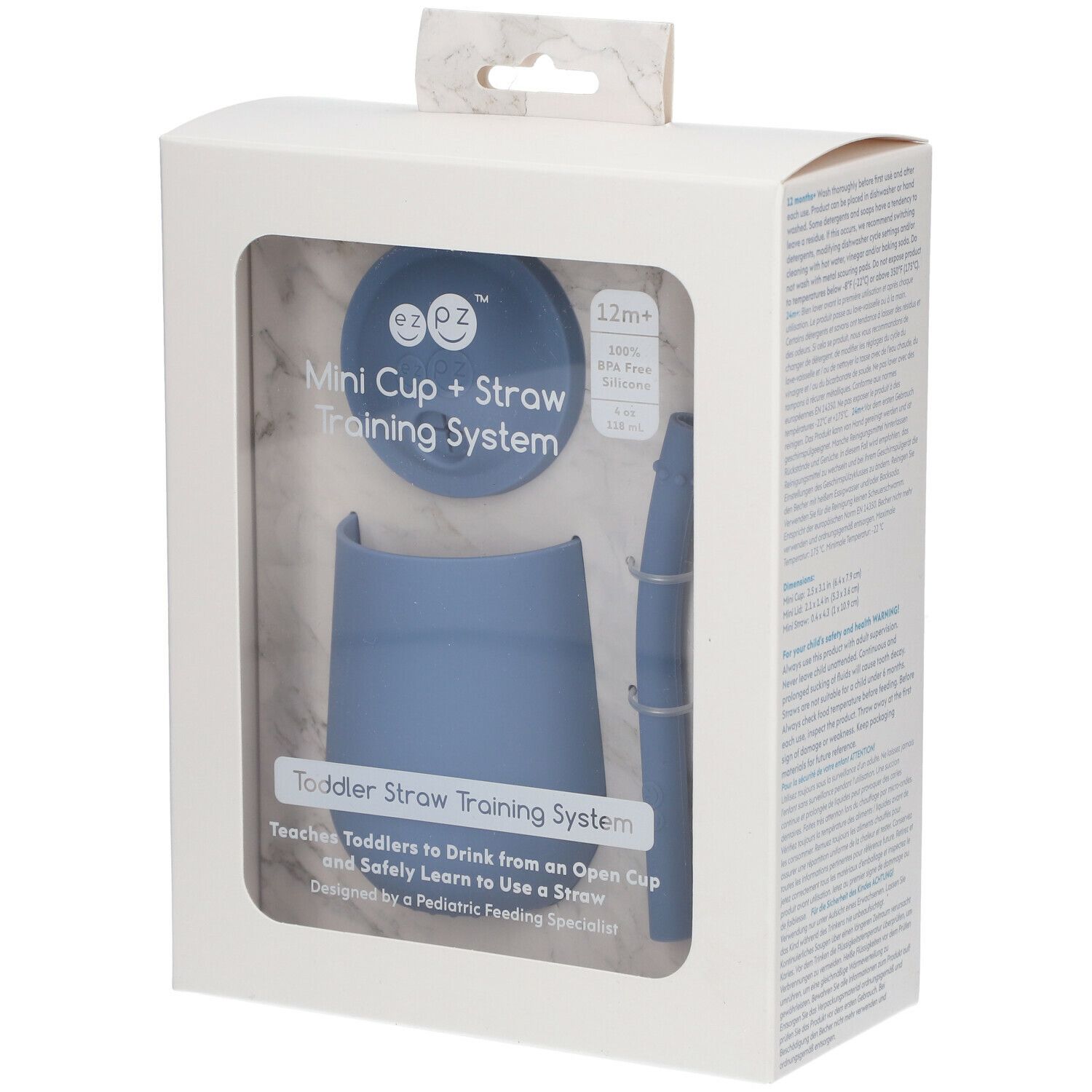 Emballage avec mini-gobelet bleu, couvercle et paille. Texte : Mini Cup + Straw Training System.