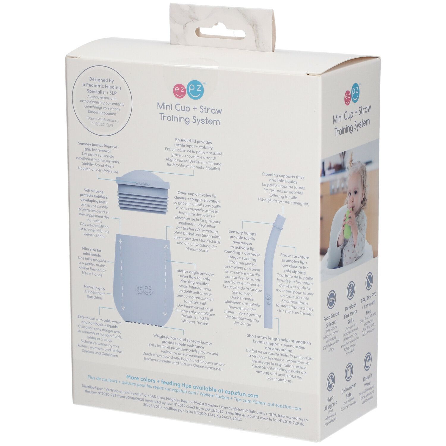 Dos de l'emballage. Mini Cup + Straw Training System. Descriptions du produit, illustrations.