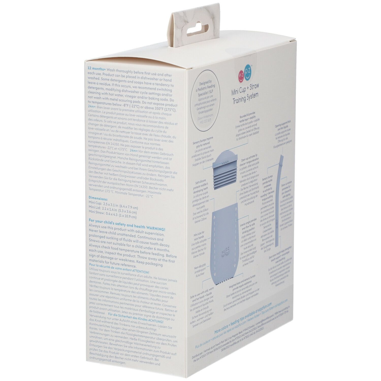 Dos de l'emballage. Mini Cup + Straw Training System. Descriptions, illustrations et avertissements.