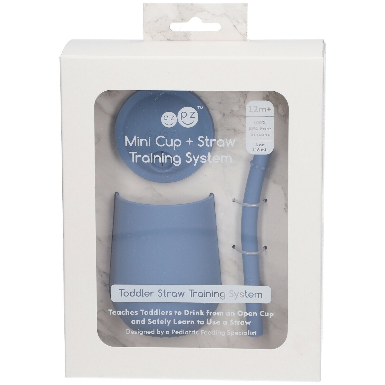 Emballage avec mini-gobelet bleu, couvercle et paille. Texte : Mini Cup + Straw Training System.