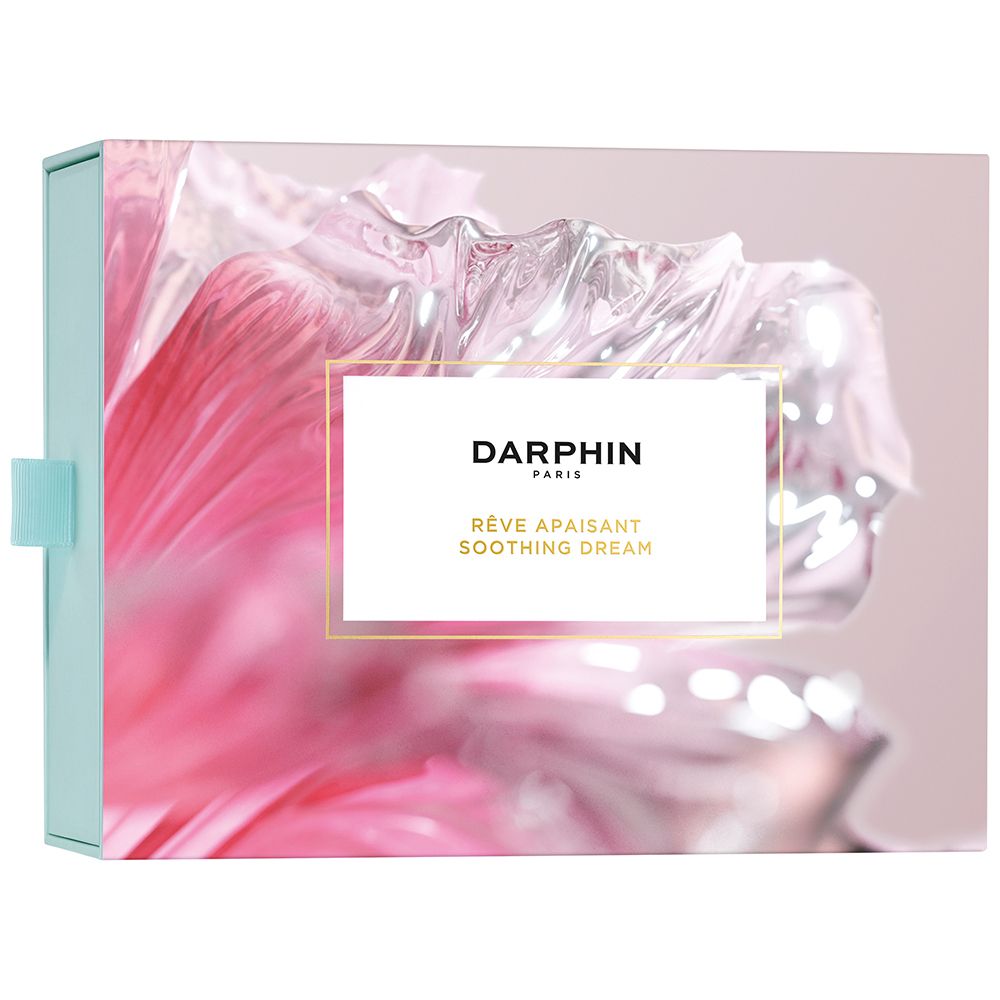 Coffret cadeau avec motif floral. Inscription : DARPHIN, RÊVE APAISANT SOOTHING DREAM. Fermeture turquoise.