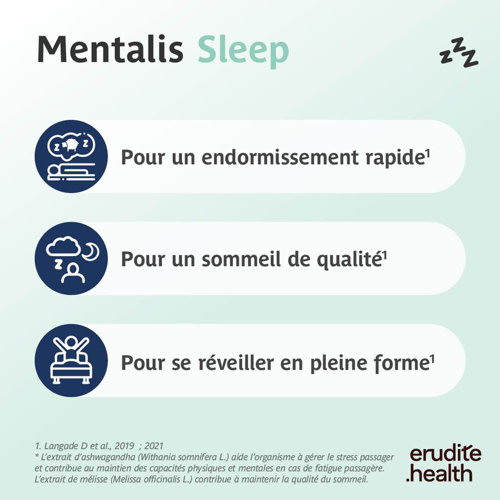 Boîte Mentalis Sleep de 30 comprimés, Ashwagandha et Mélatonine.