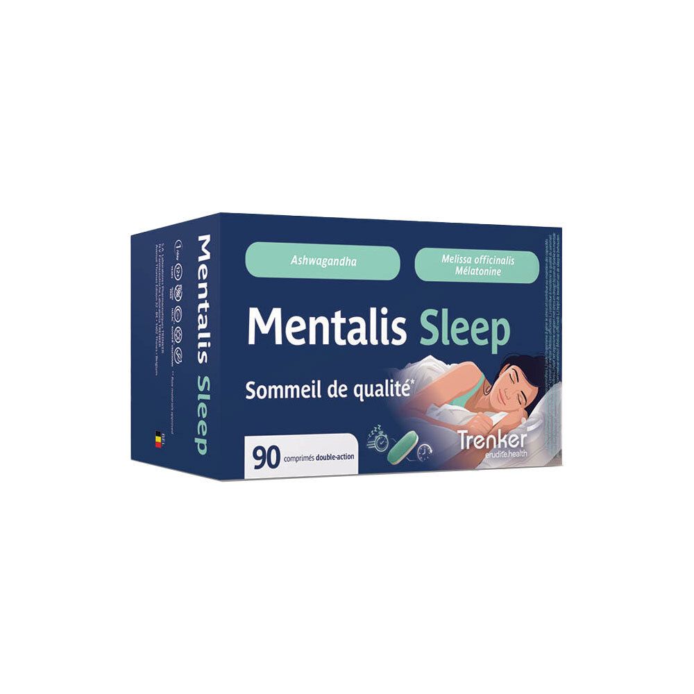 Boîte de 90 comprimés Mentalis Sleep. Contient de l'Ashwagandha et de la Mélatonine.