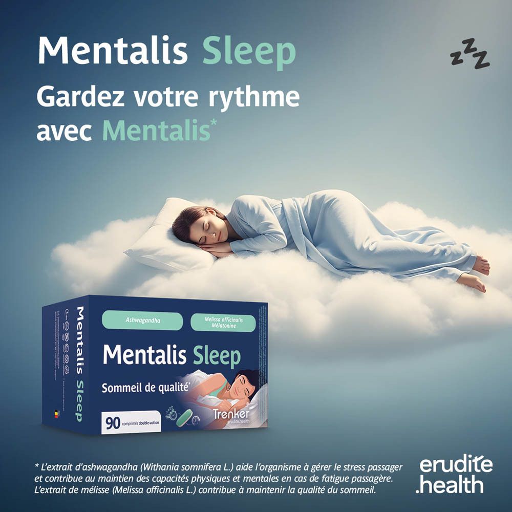 Boîte de 90 comprimés Mentalis Sleep. Contient de l'Ashwagandha et de la Mélatonine.