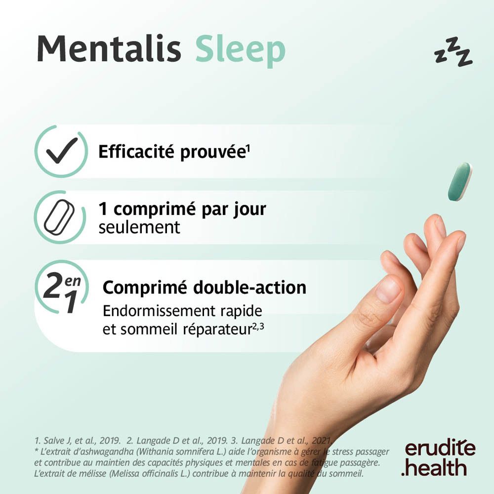 Boîte de 90 comprimés Mentalis Sleep. Contient de l'Ashwagandha et de la Mélatonine.