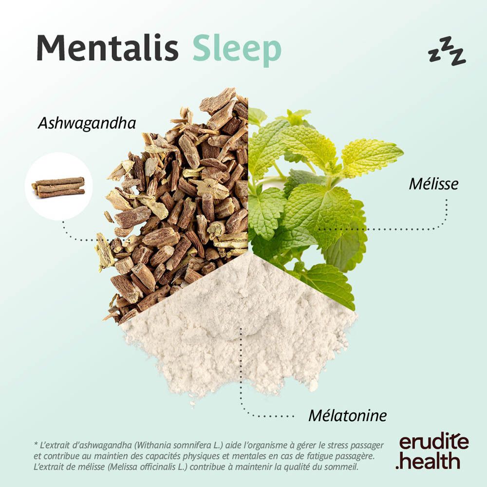 Boîte de 90 comprimés Mentalis Sleep. Contient de l'Ashwagandha et de la Mélatonine.